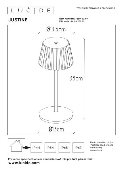 Lucide JUSTINE - Lampe de table Rechargeable Intérieur/Extérieur - Batterie/Piles - LED Dim. - 1x2W 2700K - IP54 - Avec station de charge sans fil - Rouille - technique